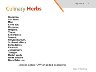 http://acu.in 37
Herbs
Cinnamon,
Star Anise,
Mint,
Clove bud,
Coriander,
Oregano,
Thyme,
Lemongrass,
Sesame,
Chrysanthumum,
Schisandra Berry,
Senna leaves,
Cannabis,
Juniper berry,
Tarragon
Radish seeds
White Mustard
Black Dates etc.
- can be eaten RAW or added in cooking.
Jingwell Academy
 