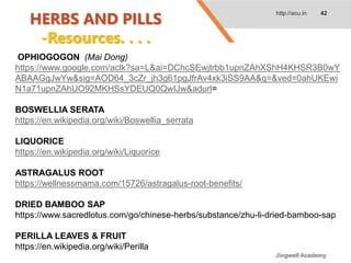 HERBS AND PILLS
-Resources. . . .
http://acu.in 42
OPHIOGOGON (Mai Dong)
https://www.google.com/aclk?sa=L&ai=DChcSEwjtrbb1upnZAhXShH4KHSR3B0wY
ABAAGgJwYw&sig=AOD64_3cZr_jh3g61pgJfrAv4xk3iSS9AA&q=&ved=0ahUKEwi
N1a71upnZAhUO92MKHSsYDEUQ0QwIJw&adurl=
BOSWELLIA SERATA
https://en.wikipedia.org/wiki/Boswellia_serrata
LIQUORICE
https://en.wikipedia.org/wiki/Liquorice
ASTRAGALUS ROOT
https://wellnessmama.com/15726/astragalus-root-benefits/
DRIED BAMBOO SAP
https://www.sacredlotus.com/go/chinese-herbs/substance/zhu-li-dried-bamboo-sap
PERILLA LEAVES & FRUIT
https://en.wikipedia.org/wiki/Perilla
Jingwell Academy
 