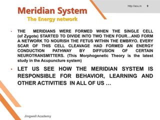 Meridian System
The Energy network
http://acu.in 9
• THE MERIDIANS WERE FORMED WHEN THE SINGLE CELL
(of Zygote) STARTED TO DIVIDE INTO TWO THEN FOUR…AND FORM
A NETWORK TO NOURISH THE FETUS WITHIN THE EMBRYO. EVERY
SCAR OF THIS CELL CLEAVAGE HAD FORMED AN ENERGY
CONDUCTION PATHWAY BY DIFFUSION OF CERTAIN
NEUROTRANSMITTERS. (This Morphogenetic Theory is the latest
study in the Acupuncture system)
• LET US SEE HOW THE MERIDIAN SYSTEM IS
RESPONSIBLE FOR BEHAVIOR, LEARNING AND
OTHER ACTIVITIES IN ALL OF US …
Jingwell Academy
 