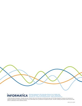 Worldwide Headquarters, 100 Cardinal Way, Redwood City, CA 94063, USA
phone: 650.385.5000 fax: 650.385.5500 toll-free in the US: 1.800.653.3871
informatica.com linkedin.com/company/informatica twitter.com/InformaticaCorp
© 2012 Informatica Corporation. All rights reserved. Printed in the U.S.A. Informatica, the Informatica logo, and The Data Integration Company are trademarks or
registered trademarks of Informatica Corporation in the United States and in jurisdictions throughout the world. All other company and product names may be trade
names or trademarks of their respective owners.
IN09_1212_02297
 