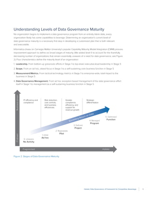 5Holistic Data Governance: A Framework for Competitive Advantage
Understanding Levels of Data Governance Maturity
No organization begins to implement a data governance program from an entirely blank slate; every
organization likely has some capabilities to leverage. Determining an organization’s current level of
data governance maturity is a necessary first step in developing a customized plan that is both relevant
and executable.
Informatica draws on Carnegie Mellon University’s popular Capability Maturity Model Integration (CMMI) process
improvement approach to define six broad stages of maturity. (We added level 0 to account for the thankfully
decreasing number of organizations that remain essentially unaware of a need for data governance; see Figure
2.) Four characteristics define the maturity level of an organization:
1.	 Leadership. From bottom-up grassroots efforts in Stage 1 to top-down executive-level leadership in Stage 5
2.	Scope. From an ad hoc, siloed focus in Stage 1 to a self-sustaining core business function in Stage 5
3.	Measurement/Metrics. From tactical technology metrics in Stage 1 to enterprise-wide, total impact to the
business in Stage 5
4.	Data Governance Management. From ad hoc exception-based management of the data governance effort
itself in Stage 1 to management as a self-sustaining business function in Stage 5
IT-drivenBusiness-driven
Fragmented Holistic
IT efficiency and
compliance
Risk reduction,
cost controls,
and business
efficiencies
Greater
compliance,
efficiency, and
support for
revenue growth
Strategic
differentiation
Escalating Return on Data
0: Unaware
No Activity
1: Initial
Ad hoc
2: Repeatable
Pilot
3: Deﬁned
Project
4: Managed
Program
5: Optimized
Function
Figure 2. Stages of Data Governance Maturity
 