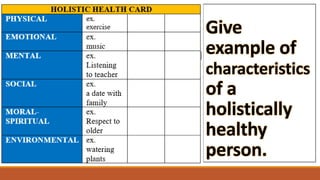 Give
example of
characteristics
of a
holistically
healthy
person.
 