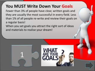 You MUST Write Down Your Goals
Fewer than 3% of people have clear, written goals and
they are usually the most successful ...