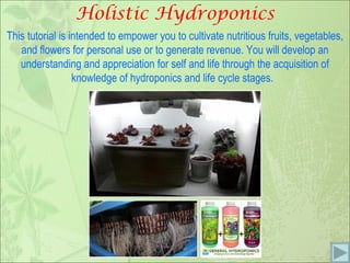 Holistic Hydroponics This tutorial is intended to empower you to cultivate nutritious fruits, vegetables, and flowers for personal use or to generate revenue. You will develop an understanding and appreciation for self and life through the acquisition of knowledge of hydroponics and life cycle stages.  