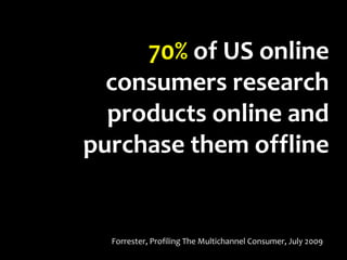 70% of US online
consumers research
products online and
purchase them offline
Forrester, Profiling The Multichannel Consumer, July 2009
 