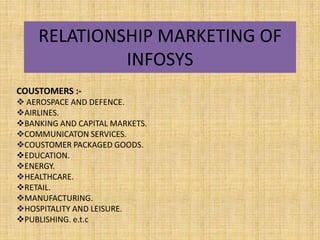 RELATIONSHIP MARKETING OF
             INFOSYS
COUSTOMERS :-
 AEROSPACE AND DEFENCE.
AIRLINES.
BANKING AND CAPITAL MARK...