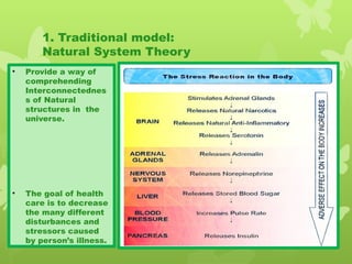 1. Traditional model:
Natural System Theory
• Provide a way of
comprehending
Interconnectednes
s of Natural
structures in the
universe.
• The goal of health
care is to decrease
the many different
disturbances and
stressors caused
by person’s illness.
 