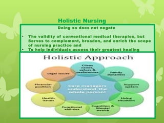 Holistic Nursing
Doing so does not negate
• The validity of conventional medical therapies, but
Serves to complement, broaden, and enrich the scope
of nursing practice and
• To help individuals access their greatest healing
potential.
 