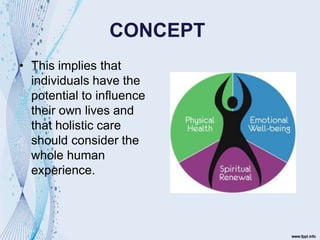 CONCEPT
• This implies that
individuals have the
potential to influence
their own lives and
that holistic care
should consider the
whole human
experience.
 