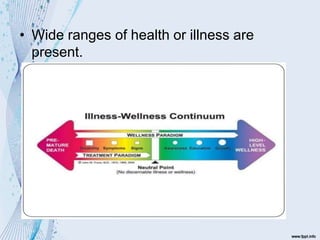 • Wide ranges of health or illness are
present.
 