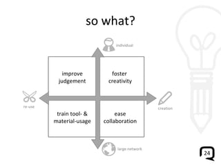 so what? individual large network re-use creation improve judgement foster  creativity train tool- & material-usage ease collaboration 