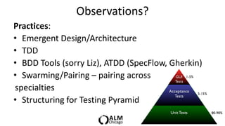 Observations?
Practices:
• Emergent Design/Architecture
• TDD
• BDD Tools (sorry Liz), ATDD (SpecFlow, Gherkin)
• Swarming/Pairing – pairing across
specialties
• Structuring for Testing Pyramid
 