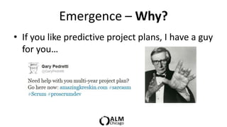 Emergence – Why?
• If you like predictive project plans, I have a guy
  for you…
 