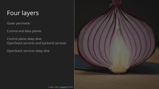 Four layers
Outer perimeter
Control and data planes
Control plane deep dive:
OpenStack services and backend services
OpenStack services deep dive
Image credit: imageme (Flickr)
 