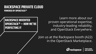 RACKSPACE PRIVATE CLOUD
POWERED BY OPENSTACK®
Learn more about our
proven operational expertise,
industry-leading reliability,
and OpenStack Everywhere.
Join us at the Rackspace booth (A22)
in the OpenStack Marketplace.
RACKSPACE INVENTED
OPENSTACK® – NOW WE'RE
PERFECTING IT
 