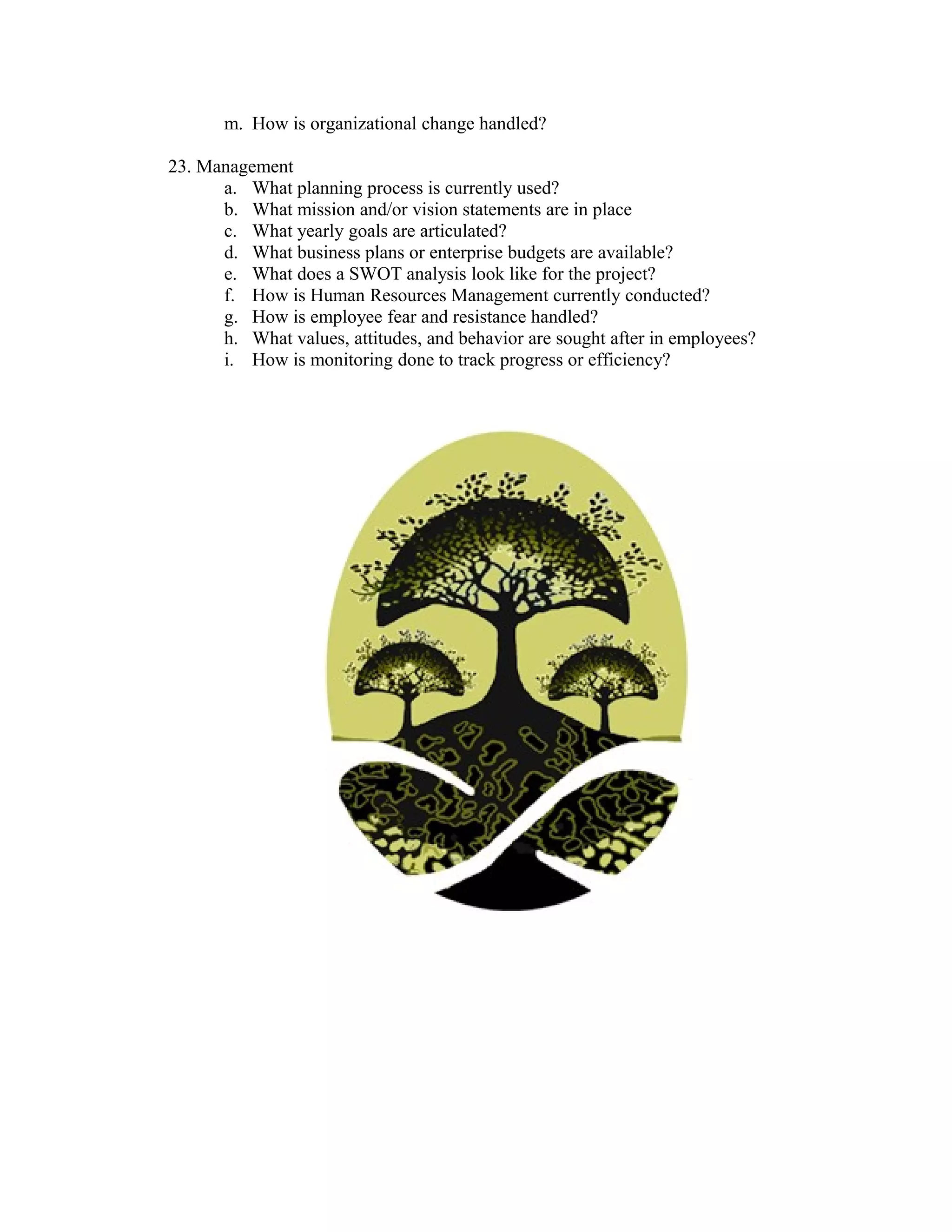 m. How is organizational change handled?

23. Management
      a. What planning process is currently used?
      b. What mission and/or vision statements are in place
      c. What yearly goals are articulated?
      d. What business plans or enterprise budgets are available?
      e. What does a SWOT analysis look like for the project?
      f. How is Human Resources Management currently conducted?
      g. How is employee fear and resistance handled?
      h. What values, attitudes, and behavior are sought after in employees?
      i. How is monitoring done to track progress or efficiency?
 