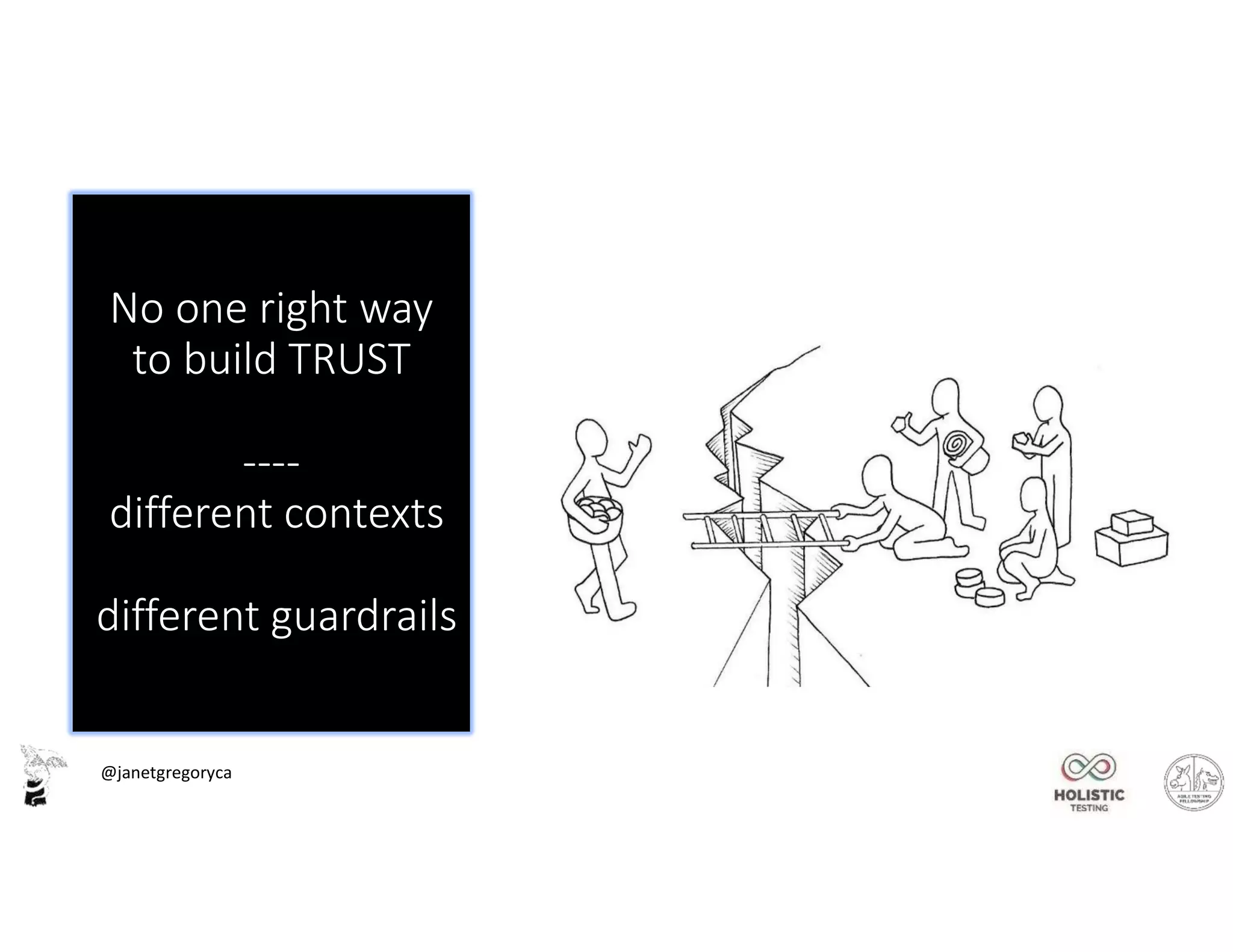 @janetgregoryca
No one right way
to build TRUST
----
different contexts
different guardrails
 