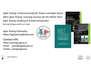 @janetgregoryca
Agile Testing: A Practical Guide for Testers and Agile Teams
More Agile Testing: Learning Journeys for the Whole Team
Agile Testing Condensed: A Brief Introduction
By Janet Gregory and Lisa Crispin
Agile Testing Fellowship
https://agiletestingfellow.com
Contact info
https://janetgregory.ca
Email: janet@agiletester.ca
Twitter: janetgregoryca
 