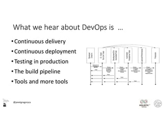 @janetgregoryca
What we hear about DevOps is …
•Continuous delivery
•Continuous deployment
•Testing in production
•The build pipeline
•Tools and more tools
4
 