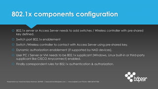 802.1x components configuration
 802.1x server or Access Server needs to add switches / Wireless controller with pre-shar...