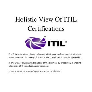 Holistic View Of ITIL
Certifications
The IT Infrastructure Library defines a holistic process framework that recasts
Information and Technology from a product developer to a service provider.
In this way, IT aligns with the needs of the business by proactively managing
all aspects of the production environment.
There are various types of levels in the ITIL certification.
 