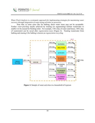 PERINTIS E-Journal, 2015, Vol. 5, No. 2, pp. 31-45
33
Water Pinch Analysis is a systematic approach for implementing strategies for maximising water
recovery through integration of water-using activities or processes.
Note that, in some cases like for bathing, direct water reuse may not be acceptable.
Further water-pinching maybe achieved by treating (or regenerating) kitchen wastewater to
enable it to be reused for flushing toilet. For example, 130 L/day of water (and hence, 100 L/day
of wastewater) can be saved after regeneration-reuse (Figure 2). Treating wastewater from
bathing and reusing it for bathing is known as regeneration-recycling.
Figure 1: Sample of water activities in a household of 6 person
ABLUTION
 