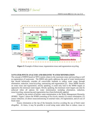 PERINTIS E-Journal, 2015, Vol. 5, No. 2, pp. 31-45
34
Figure 2: Example of direct reuse, regeneration-reuse and regeneration-recycling
3.0 WATER-PINCH ANALYSIS AND HOLISTIC WATER MINIMISATION
The concept of MWR based on WPA mainly relates to the maximum reuse and recycling as well
as regeneration of wastewater. The MWR only partly addresses the goal of water minimisation
that should holistically consider all conceivable methods to reduce water usage through
elimination, reduction, reuse/recycling, outsourcing and regeneration [5]. Since MWR focuses
on water reuse and regeneration, strictly speaking, it could only lead to the MWR targets as
opposed to the minimum water targets. Strictly speaking, the minimum water targets can only be
achieved when all options for water minimisation including elimination, reduction,
reuse/recycling, outsourcing and regeneration have been holistically applied.
Central to the notion of holistic water minimisation is the Water Management Hierarchy
(WMH). Figure 3 shows the WMH consisting of five levels, namely (1) source elimination, (2)
source reduction, (3) direct reuse/outsourcing of external water, (4) regeneration, and (5) use of
fresh water.
Source elimination at the top of the hierarchy involves avoiding the use of fresh water
altogether. At times, it may be possible to avoid using water rather than to reduce, reuse or
ABLUTION
 