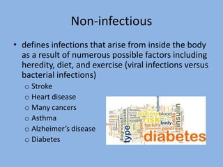 Non-infectious
• defines infections that arise from inside the body
  as a result of numerous possible factors including
  heredity, diet, and exercise (viral infections versus
  bacterial infections)
   o Stroke
   o Heart disease
   o Many cancers
   o Asthma
   o Alzheimer’s disease
   o Diabetes
 