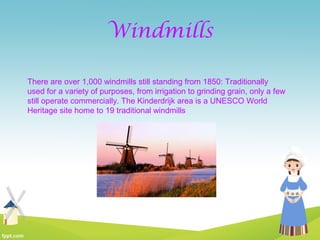 Windmills
There are over 1,000 windmills still standing from 1850: Traditionally
used for a variety of purposes, from irrigation to grinding grain, only a few
still operate commercially. The Kinderdrijk area is a UNESCO World
Heritage site home to 19 traditional windmills
 