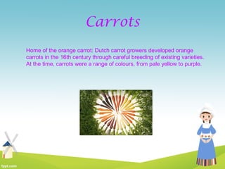 Carrots
Home of the orange carrot: Dutch carrot growers developed orange
carrots in the 16th century through careful breeding of existing varieties.
At the time, carrots were a range of colours, from pale yellow to purple.
 