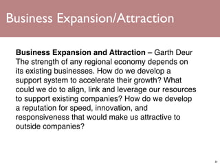 Business Expansion/Attraction

 Business Expansion and Attraction – Garth Deur
 The strength of any regional economy depends on
 its existing businesses. How do we develop a
 support system to accelerate their growth? What
 could we do to align, link and leverage our resources
 to support existing companies? How do we develop
 a reputation for speed, innovation, and
 responsiveness that would make us attractive to
 outside companies?



                                                         33
 