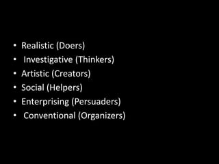 • Realistic (Doers)
• Investigative (Thinkers)
• Artistic (Creators)
• Social (Helpers)
• Enterprising (Persuaders)
• Conventional (Organizers)
 