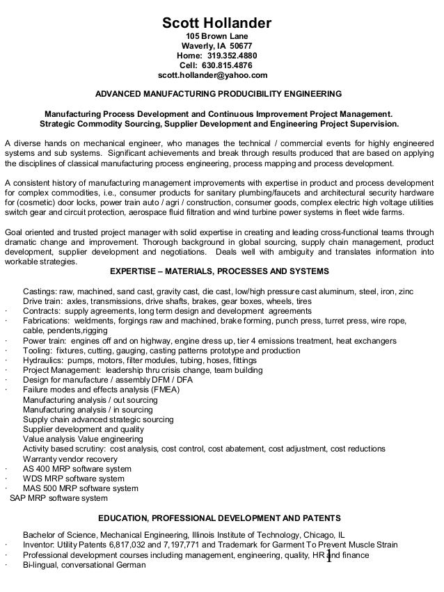 hollander resume advanced manufacturing process delvelopment process improvement resume