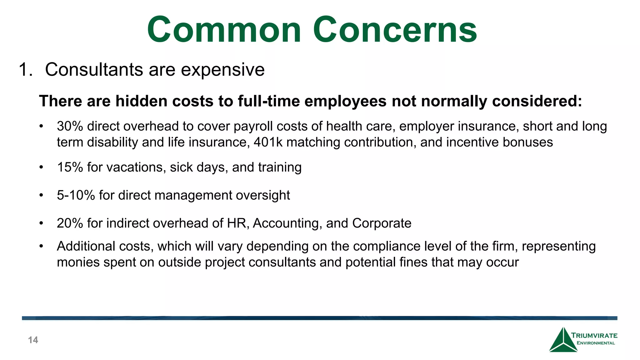 Common Concerns
14
1. Consultants are expensive
There are hidden costs to full-time employees not normally considered:
• 30% direct overhead to cover payroll costs of health care, employer insurance, short and long
term disability and life insurance, 401k matching contribution, and incentive bonuses
• 15% for vacations, sick days, and training
• 5-10% for direct management oversight
• 20% for indirect overhead of HR, Accounting, and Corporate
• Additional costs, which will vary depending on the compliance level of the firm, representing
monies spent on outside project consultants and potential fines that may occur
 