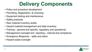 Delivery Components
11
• Policy and procedure development
• Permitting, Registration, & Licensing
• Equipment testing and maintenance
• Safety protocols
• Raw material inventory audits
• Hazard material management and data inventory
• Training – general and specific, regulatory and operational
• Management oversight and reporting – internal and compliance
• Emergency Response – spills and odors
• Hazard waste oversight
 