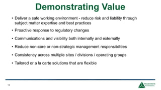 Demonstrating Value
12
• Deliver a safe working environment - reduce risk and liability through
subject matter expertise and best practices
• Proactive response to regulatory changes
• Communications and visibility both internally and externally
• Reduce non-core or non-strategic management responsibilities
• Consistency across multiple sites / divisions / operating groups
• Tailored or a la carte solutions that are flexible
 