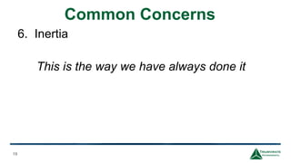 Common Concerns
19
This is the way we have always done it
6. Inertia
 