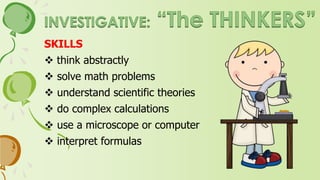 INTERESTS
 explore a variety of ideas
 work independently
 perform lab experiment
 deal with abstractions
 do research
 be challenged
 