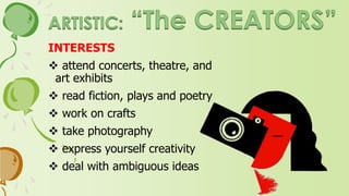 PERSONALITY
 imaginative, innovative, creative,
original
 nonconforming, unconventional
 avoid structured work settings
 value freedom, independence
 prefer musical, artistic, dramatic
jobs
 dislike masculine activities
 