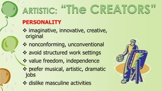 POSSIBLE OCCUPATIONS
 dancer
 book editor
 art teacher
 composer
 fashion designer
 actor
 disk jockey
 graphic designer
 