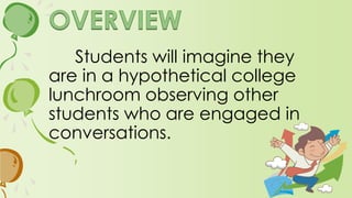 Based on these conversations,
students are to select their first
choice table to join and the
instructor leads a discussion as
follows.
 
