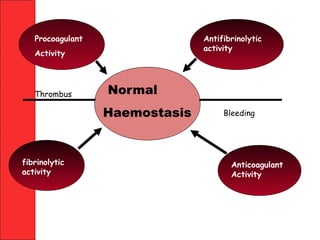 Normal
Haemostasis
Procoagulant
Activity
Antifibrinolytic
activity
Anticoagulant
Activity
fibrinolytic
activity
Thrombus
Bleeding
 