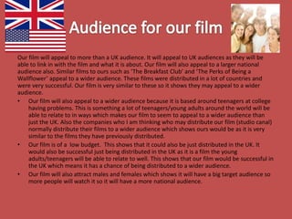 Our film will appeal to more than a UK audience. It will appeal to UK audiences as they will be
able to link in with the film and what it is about. Our film will also appeal to a larger national
audience also. Similar films to ours such as ‘The Breakfast Club’ and ‘The Perks of Being a
Wallflower’ appeal to a wider audience. These films were distributed in a lot of countries and
were very successful. Our film is very similar to these so it shows they may appeal to a wider
audience.
• Our film will also appeal to a wider audience because it is based around teenagers at college
having problems. This is something a lot of teenagers/young adults around the world will be
able to relate to in ways which makes our film to seem to appeal to a wider audience than
just the UK. Also the companies who I am thinking who may distribute our film (studio canal)
normally distribute their films to a wider audience which shows ours would be as it is very
similar to the films they have previously distributed.
• Our film is of a low budget. This shows that it could also be just distributed in the UK. It
would also be successful just being distributed in the UK as it is a film the young
adults/teenagers will be able to relate to well. This shows that our film would be successful in
the UK which means it has a chance of being distributed to a wider audience.
• Our film will also attract males and females which shows it will have a big target audience so
more people will watch it so it will have a more national audience.

 