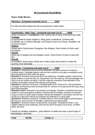 AS Coursework Overall Marks
Name: Hollie Morriss
Planning – Comments and mark out of 18/20
For full comments please see the pre-production marks sheet
Construction – Main Task – comments and mark out of 48/60
There is evidence of excellence in the creative use of many of the technical skills.
Footage:
Is appropriate for target audience, fitting genre conventions of drama well.
Controlled use of camera although some shots at start out of focus. Excellent use
of mise-en-scene.
Editing:
Edited well to build tension throughout the dialogue. Good variety of shots used
throughout.
Sound:
Good use of diegetic and non-diegetic sound. Good choice of music to back the
film.
Overall:
An excellent drama piece. Great use of older actors and location to make the
opening more believable.
Evaluation – Comments and mark out of 18/20
Question 1: Answered using a word and slideshare. Excellent inclusion of Todorov’s
narrative theory. Candidate explains well how she conforms to her genre conventions using
good examples from films within the genre.
Question 2: Answered using power-point and slideshare. Candidate explains well who the
target audience is and how they are represented in her film opening. She acknowledges that
idea to use her mother and father in her film made the characters more believable to the
audience and helped represent the desired social groups.
Question 3: Answered using prezi. Candidate looks at 20th
Century Fox, Warner Brothers,
Lionsgate and Paramount and concludes that 20th
Century Fox would suit her film best using
good clear examples.
Question 4 and 5: Answered using powtoon and blogger. Question 4 answered well using
avatars to show stereotypical audience members likes and dislikes. Question 5 answered
using a survey of a good range of people. Results are displayed in the powtoon and the raw
results via a blog post. Results are analysed and reflected on in good detail.
Question 6: Answered using prezi. Excellent detail on all the technologies used throughout
the process. Great inclusion of strengths, weaknesses and opportunities.
Question 7: Answered using a visual podcast via youtube. Candidate provides a very
detailed reflective piece explaining what she has learnt throughout her journey, excellent
detail, well done.
Overall an excellent evaluation, great attention to detail and uses a good range of
technologies, well done.
Total 84/100 Grade: A
 