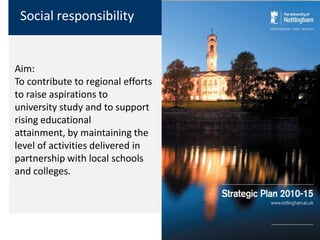 Social responsibility


Aim:
To contribute to regional efforts
to raise aspirations to
university study and to support
rising educational
attainment, by maintaining the
level of activities delivered in
partnership with local schools
and colleges.
 