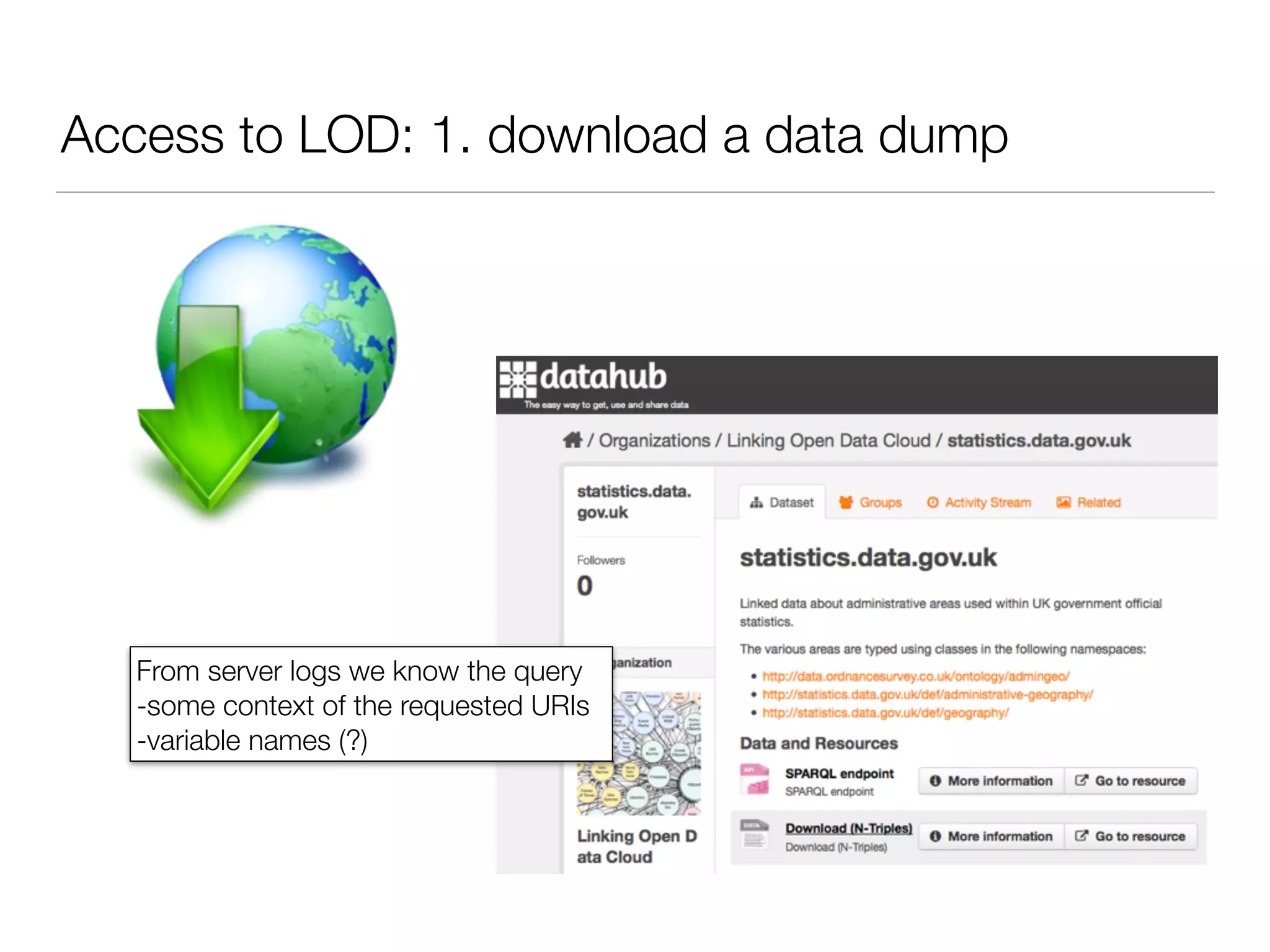 Access to LOD: 1. download a data dump
From server logs we know the query
-some context of the requested URIs
-variable names (?)
 