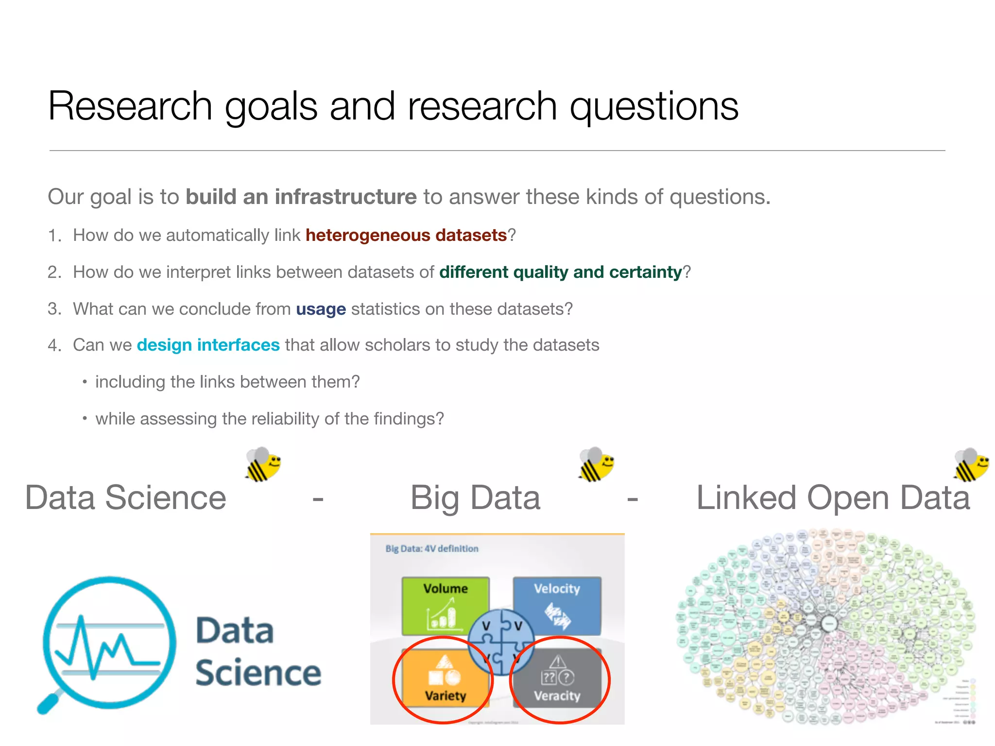 Research goals and research questions
Our goal is to build an infrastructure to answer these kinds of questions.

1. How do we automatically link heterogeneous datasets?

2. How do we interpret links between datasets of diﬀerent quality and certainty?

3. What can we conclude from usage statistics on these datasets?

4. Can we design interfaces that allow scholars to study the datasets

• including the links between them?

• while assessing the reliability of the ﬁndings?
Data Science - Big Data - Linked Open Data
 