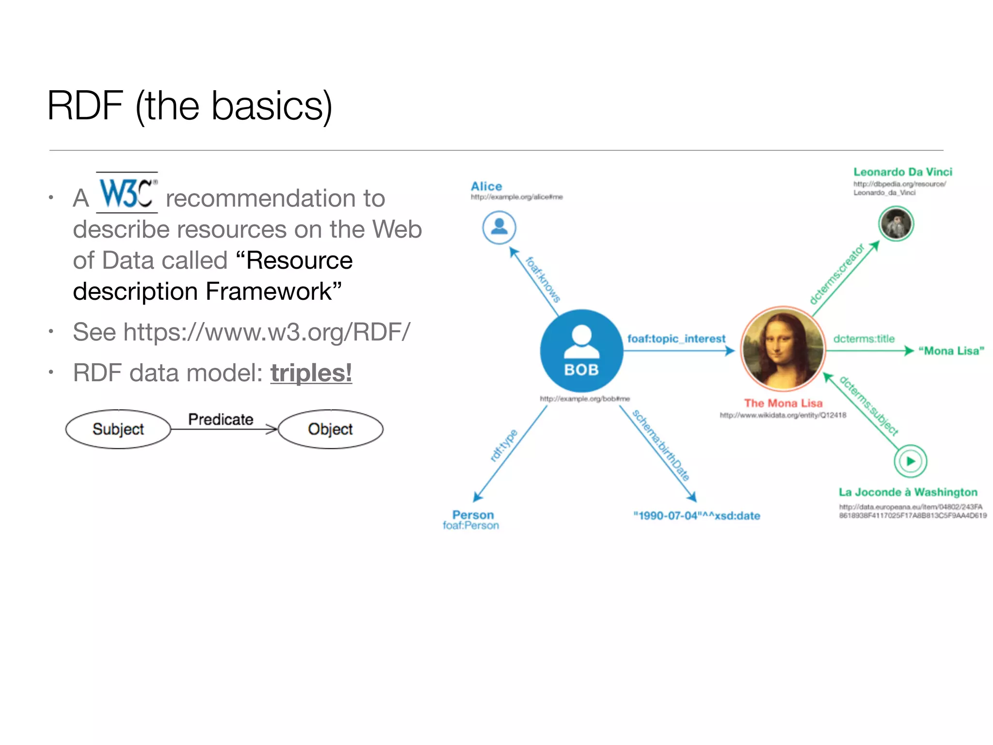 RDF (the basics)
• A W3C recommendation to
describe resources on the Web
of Data called “Resource
description Framework”

• See https://www.w3.org/RDF/ 

• RDF data model: triples!
 