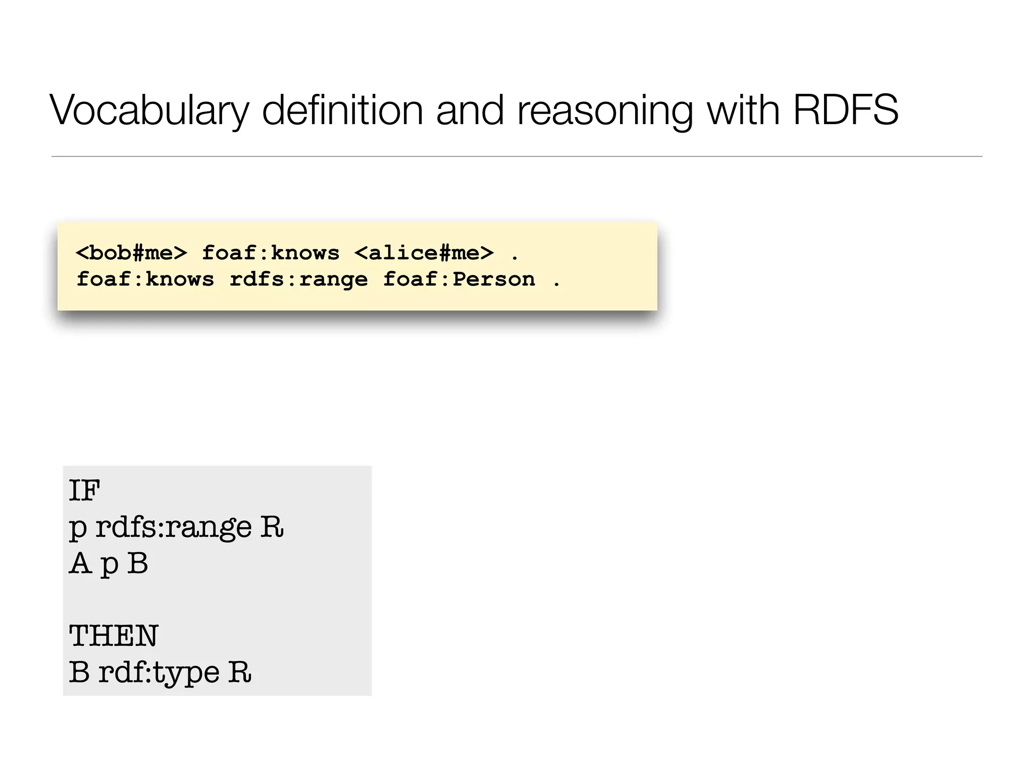 Vocabulary deﬁnition and reasoning with RDFS
IF
p rdfs:range R
A p B
THEN
B rdf:type R
<bob#me> foaf:knows <alice#me> .
foaf:knows rdfs:range foaf:Person .
 