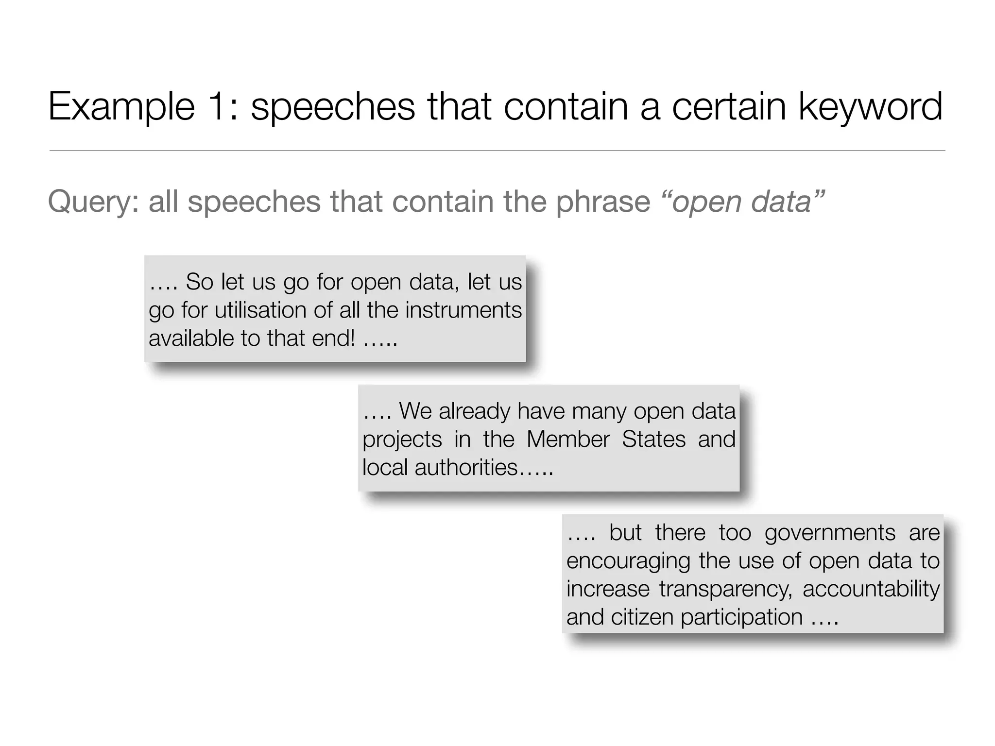 Example 1: speeches that contain a certain keyword
Query: all speeches that contain the phrase “open data”
…. So let us go for open data, let us
go for utilisation of all the instruments
available to that end! …..
…. but there too governments are
encouraging the use of open data to
increase transparency, accountability
and citizen participation ….
…. We already have many open data
projects in the Member States and
local authorities…..
 